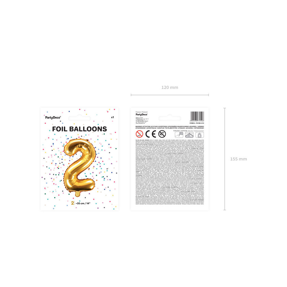 Pallone numero 2 mylar foil Oro 35 cm compleanno alluminio PartyDeco