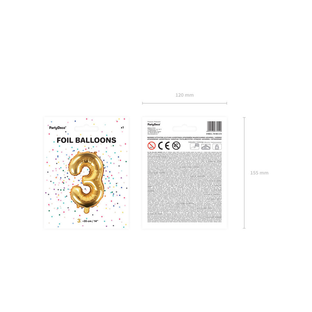 Pallone numero 3 mylar foil Oro 35 cm compleanno alluminio PartyDeco