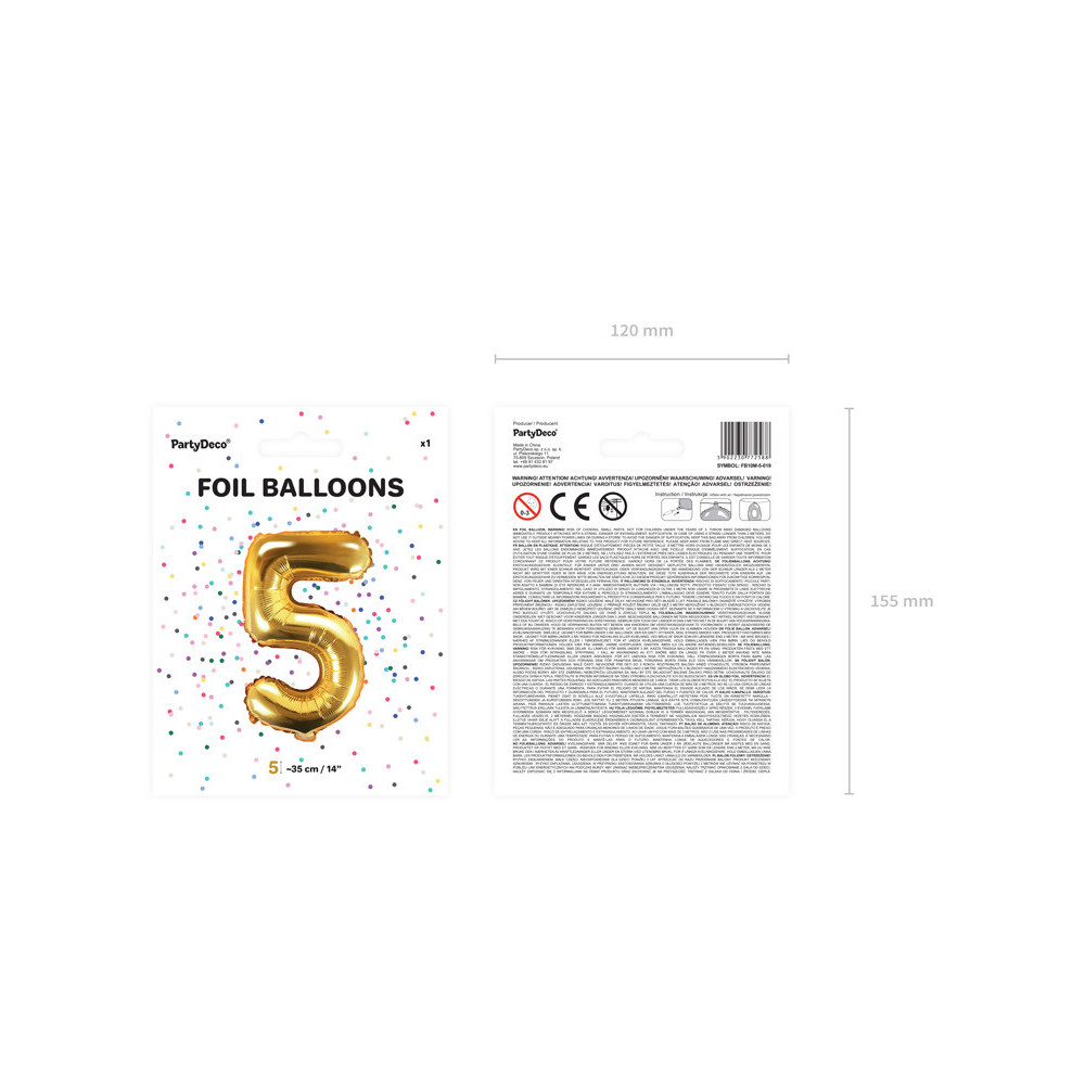 Pallone numero 5 mylar foil Oro 35 cm compleanno alluminio PartyDeco