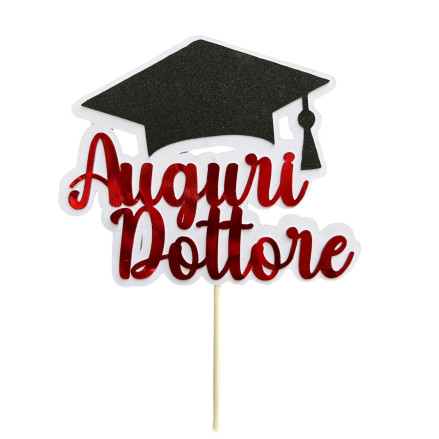 Cake Topper laurea auguri dottore con tocco nero glitterato e rosso specchiato