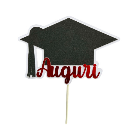 Cake Topper laurea auguri con tocco nero glitterato e rosso specchiato