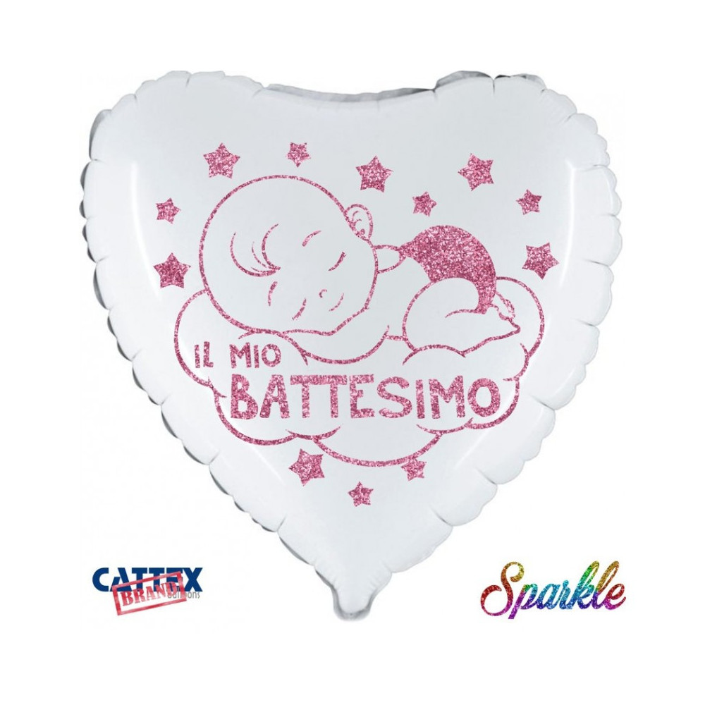 PALLONCINI MYLAR A TEMA BATTESIMO Mylar Battesimo Bimba Sparkle cuore 18